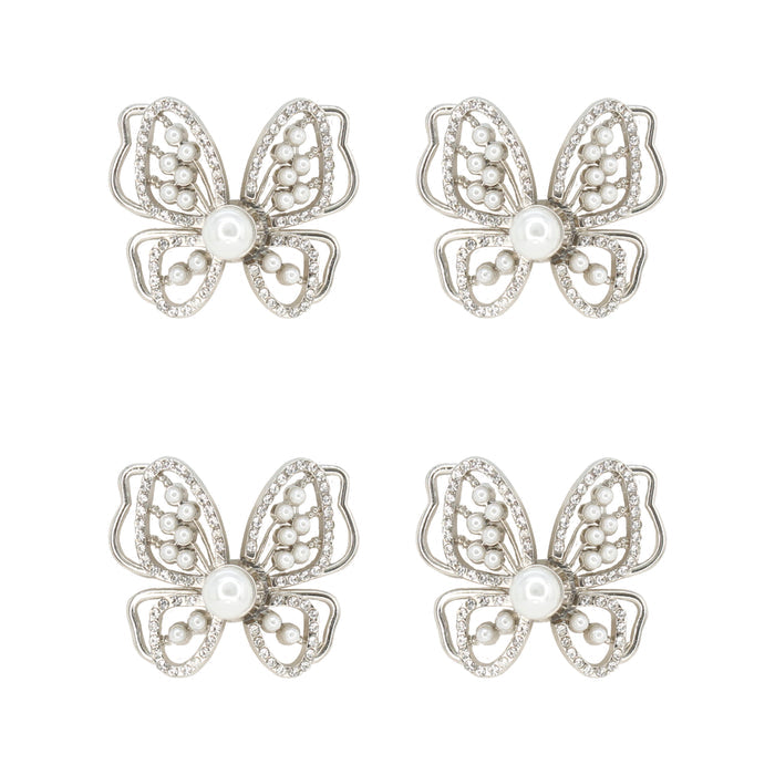 4 Pair | Rhinestone & Pearl Butterfly Wings - Frog Closure Metal Button