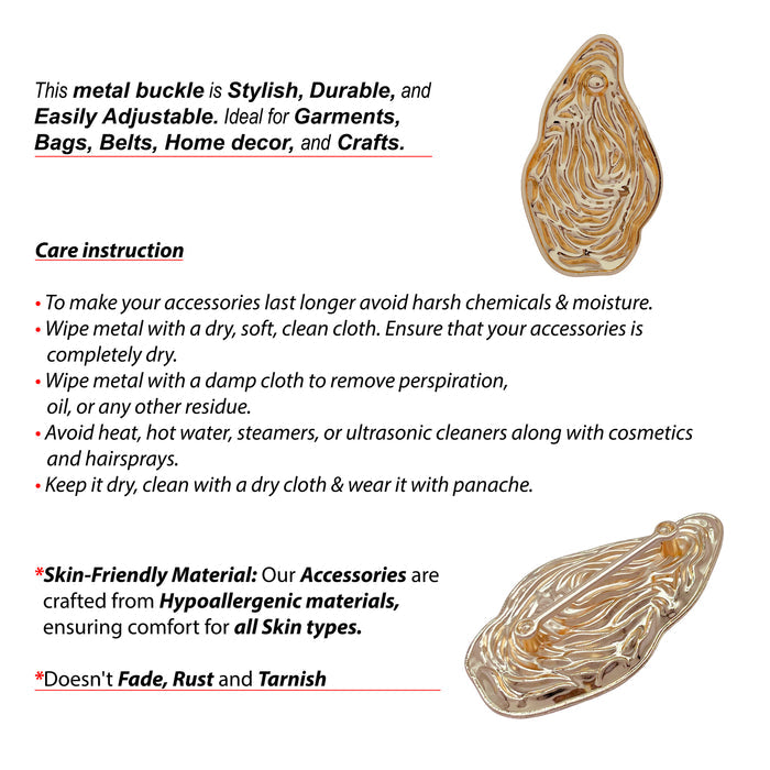 Ani Accessories Abstract Organic Shape Gold-Plated Metal Buckle care instruction infographic with front and back image of the buckle in a white background.
