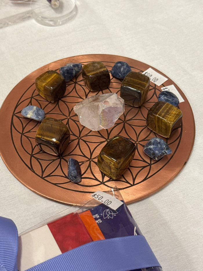 copper flower of life grid
angel aura quartz tigers eye sodalite