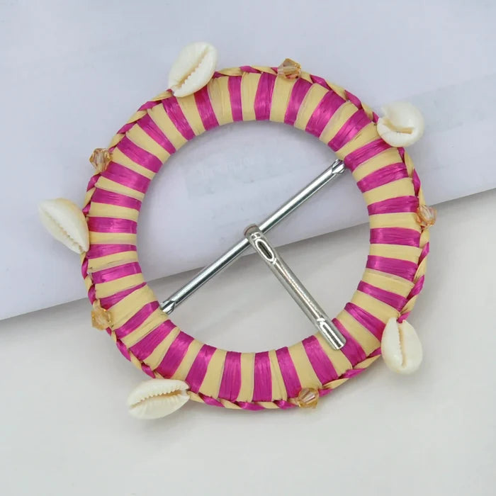 Ani Accessories boho cowrie shell raffia buckle handmade straw woven buckle for belt bag DIY craft decor