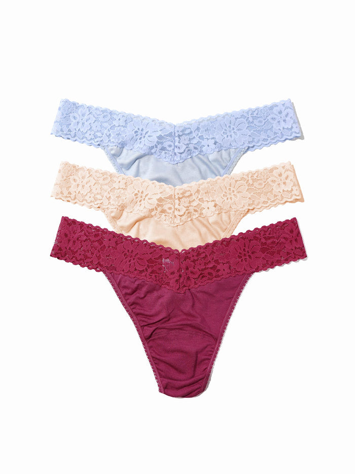 DreamEase™ Original Rise Thong 3-Pack in serenity blue, chai & california raisin purple - Flat Lay | Hanky Panky