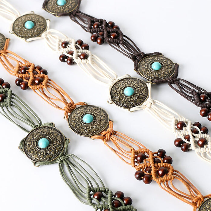 Ethnic Brown Macrame Belt with Circular Beaded Accent Macrame Belt