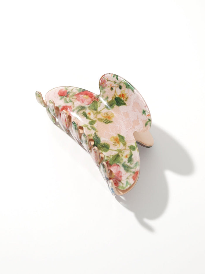 France Luxe Clip and Low Rise Thong Overjoyed - Pink Floral Print Jaw Clip Close-Up Detail | Hanky Panky