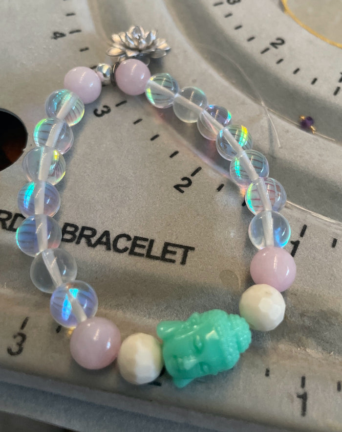 Mexican Ivory Jasper , Rose Quartz, Resin Buddha, Angel Aura Quartz, Silver plated Lotus. Size Medium