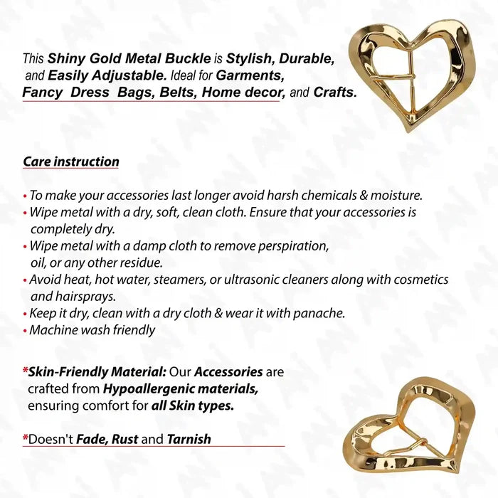 Ani Accessories Heart Shape Prong Buckle front and back image with written care instruction in the white background.