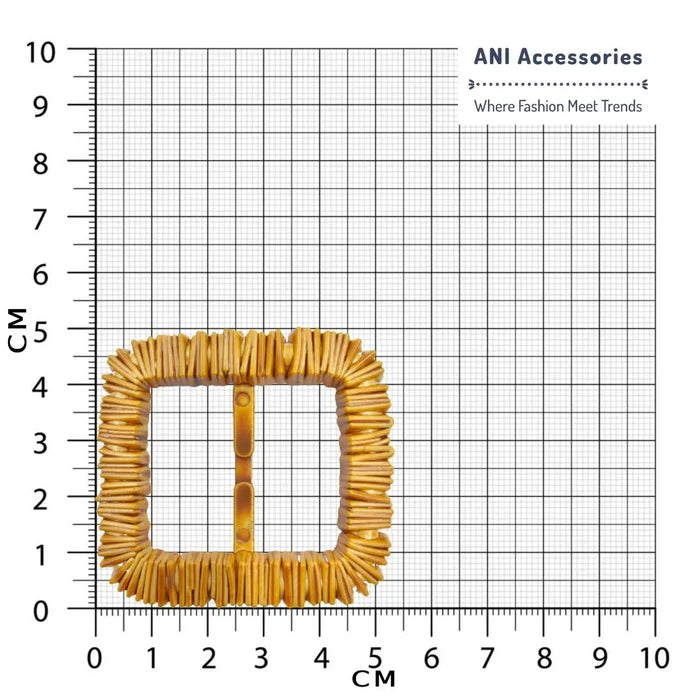 Ani Accessories imitation raffia square buckle with stacked strip texture placed in a size chart bar graph.