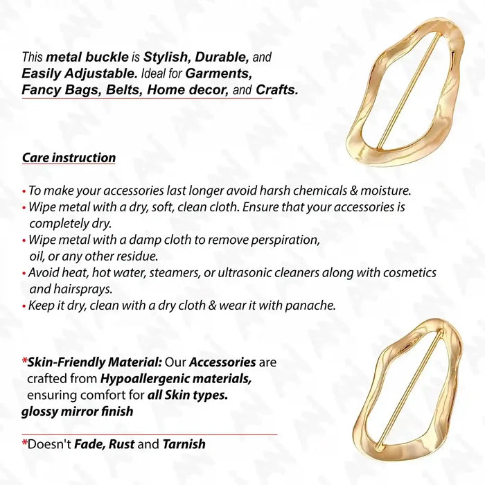 Ani Accessories Irregular Wave Shape Metal Buckle front and back image with care instruction text.