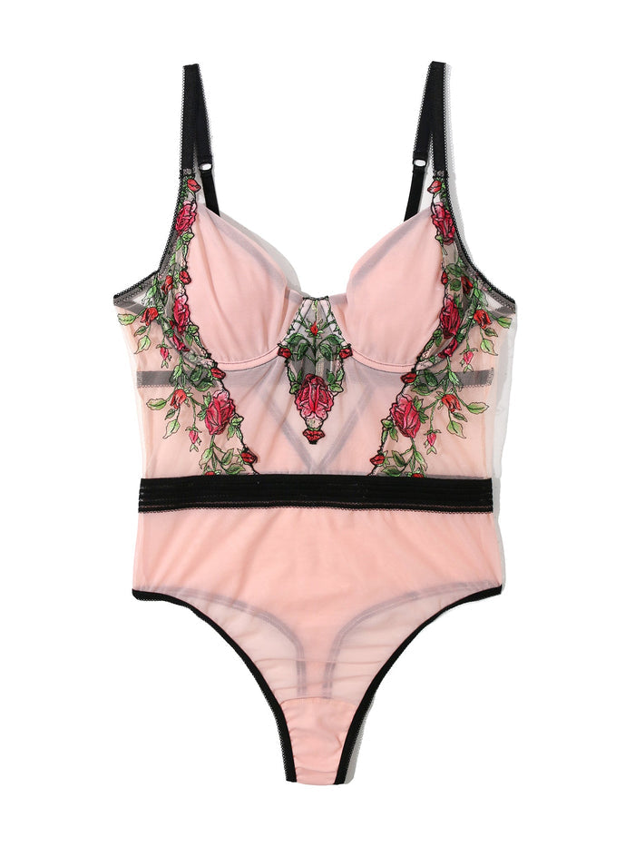 Kiss From A Rose Blush Embroidered Underwire Bodysuit - Flat Lay, Full Product View | Hanky Panky
