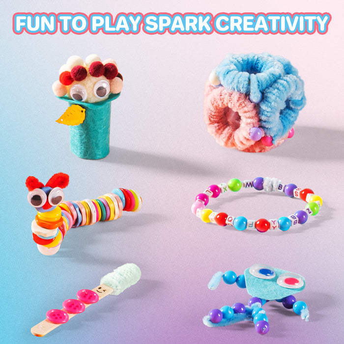 Robotime Arts and Crafts Warehouse PA002 projects collage showing finished pipe cleaner caterpillar, pom-pom scrunchie, bead bracelet, popsicle craft, and bead bug toy
