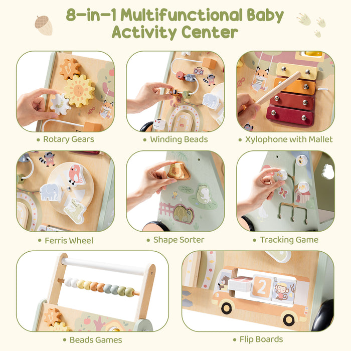 ROBUD Forest Fairy Baby Push Walker 8-in-1 multifunctional activity center showing rotary gears, winding beads, xylophone, ferris wheel, shape sorter and flip boards