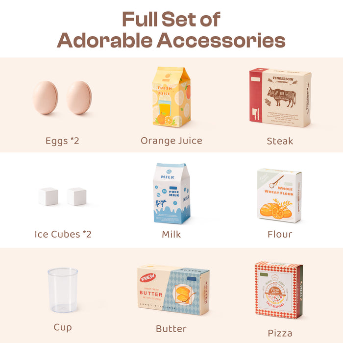 ROBUD Wooden Caramel Refrigerator full set of accessories including eggs, orange juice, steak, milk, flour, butter and pizza