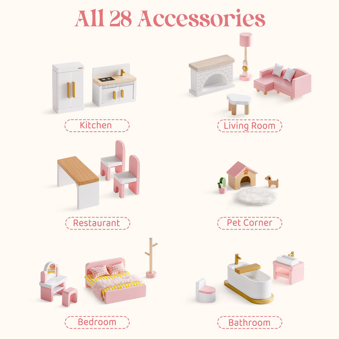 ROBUD Wooden Dollhouse Furniture Set Pink showing all 28 accessories grouped by room including kitchen, living room, restaurant and pet corner