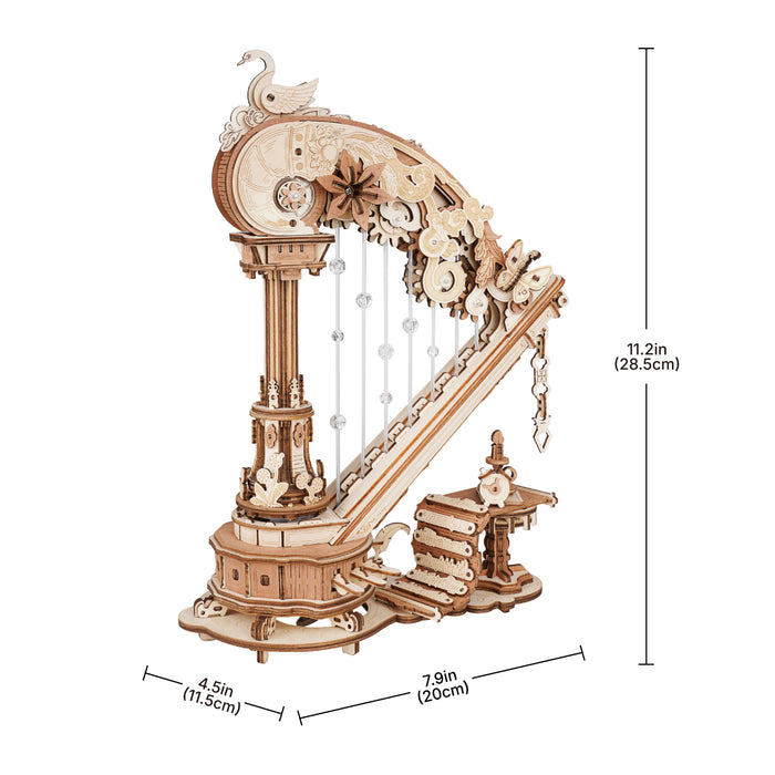 ROKR Magic Harp Music Box Wooden 3D Puzzle AMK71 3D wooden music box, parts and pieces laid out before assembly