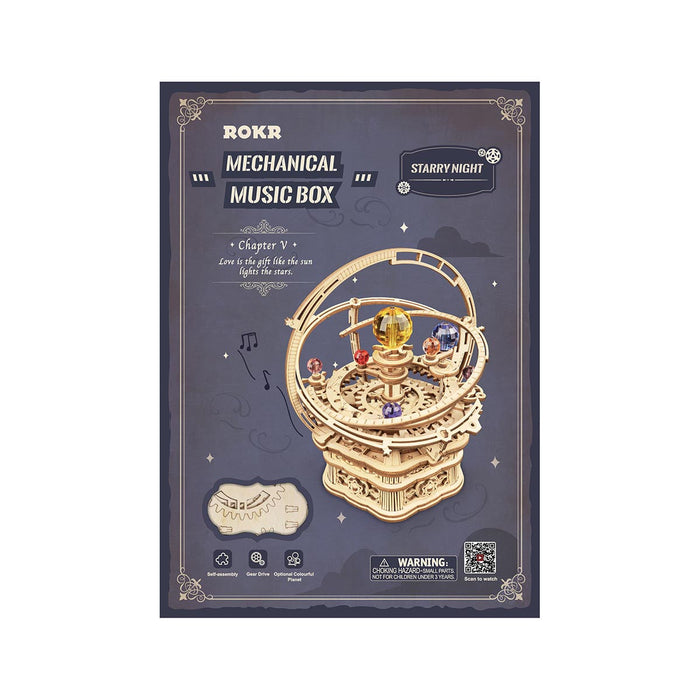 ROKR Starry Night Orrery Mechanical Music Box AMK51 mechanical music box wooden kit, macro shot of textured surface and grain