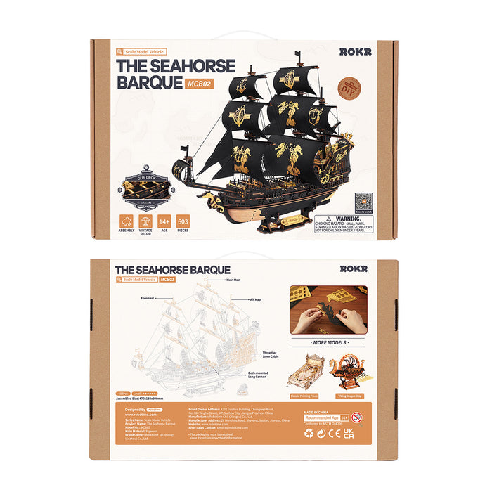 ROKR The Seahorse Barque 3D Wooden Puzzle MCB02, 3D wooden ship model puzzle, styled photo