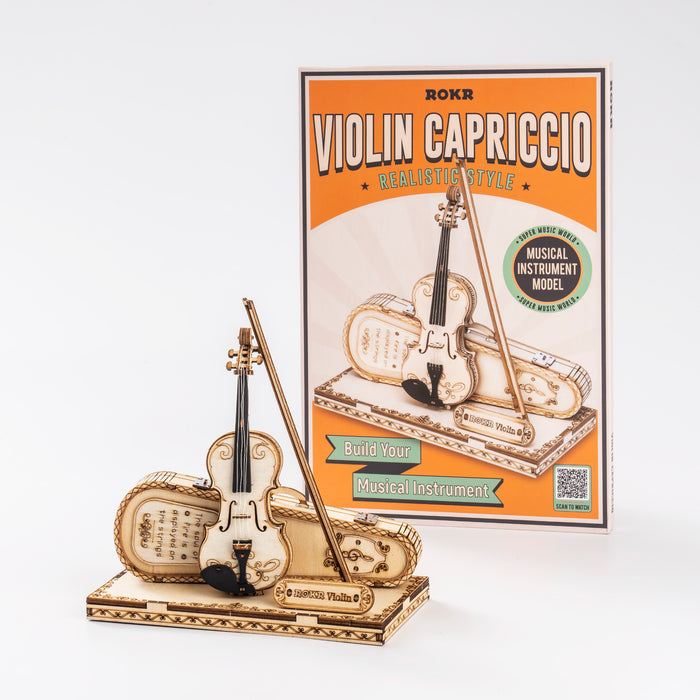 ROKR Violin Capriccio TG604K 3D wooden musical instrument model, scale comparison alongside accessories