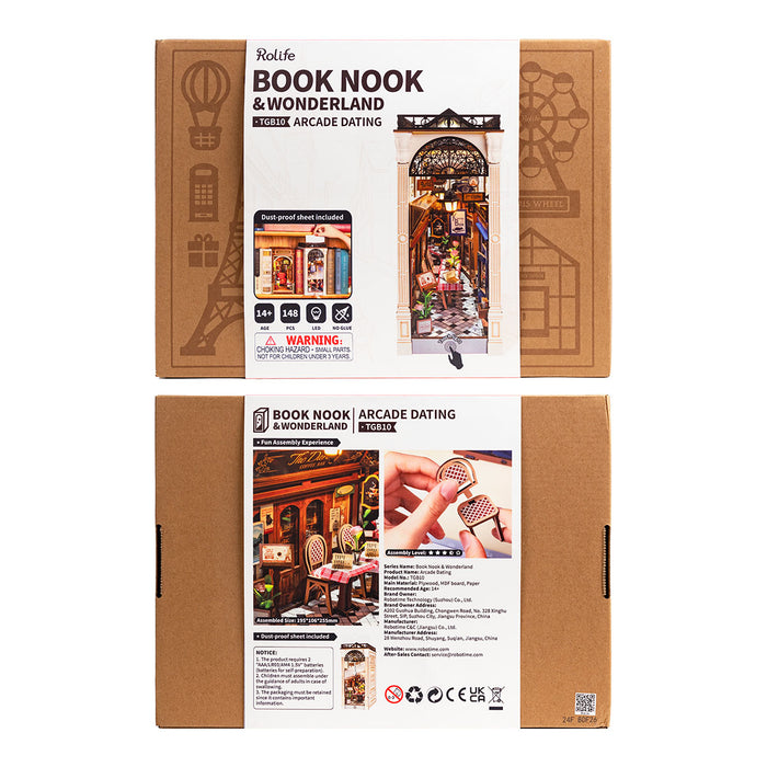 Rolife Arcade Dating DIY Book Nook TGB10 retail packaging box showing front cover art and back specifications panel