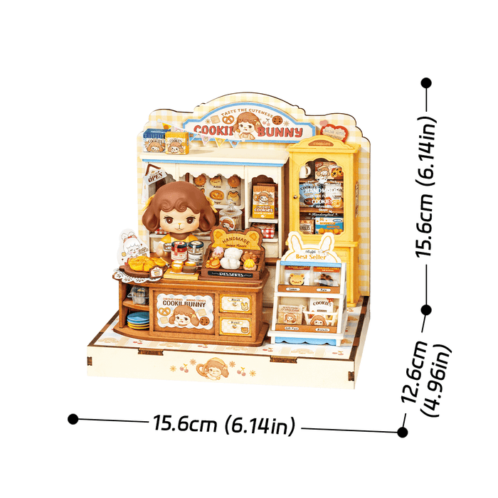 Rolife Cookii Bunny's Cookie Shop Miniature House DG177 DIY miniature house kit, side view highlighting structure and scale