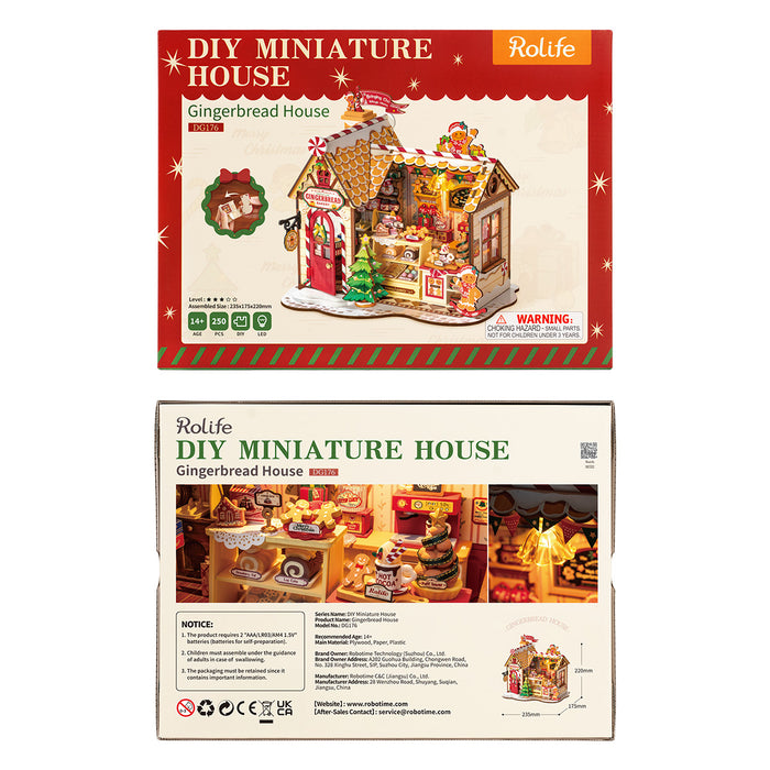 Rolife Gingerbread House Miniature House DG176 retail packaging, front and back of the red-bordered Rolife box showing product photos, parts count 250 pieces and age 14 plus