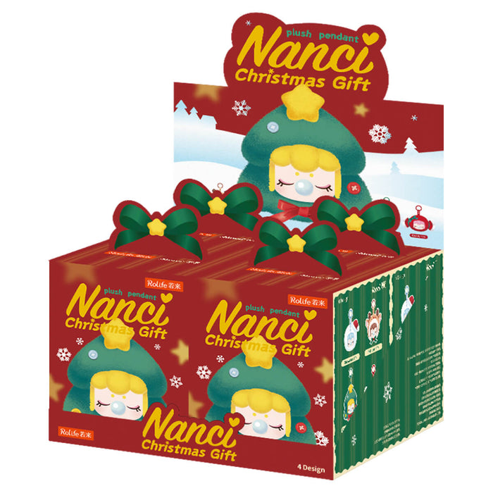Rolife Nanci Christmas Gift blind box display set of four, red packaging with Christmas Tree character and green gift bow topper