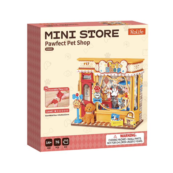 Rolife Pawfect Pet Shop Miniature House DS045 DIY miniature house kit, styled lifestyle scene with model assembled