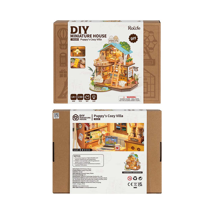 Rolife Puppy Cozy Villa DIY miniature house retail box showing front artwork and back product specs panel