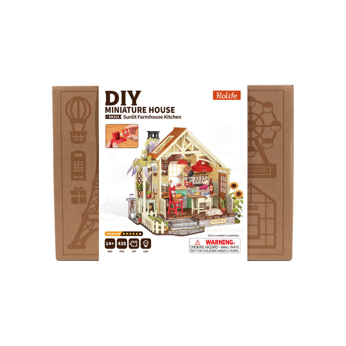 Rolife Sunlit Farmhouse Kitchen DIY kit retail box showing the completed dollhouse model on the packaging
