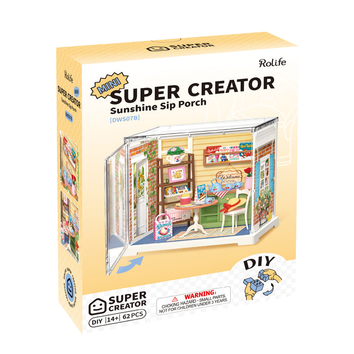 Rolife Sunshine Sip Porch Miniature House DWS07B DIY miniature house kit, styled lifestyle scene with model assembled