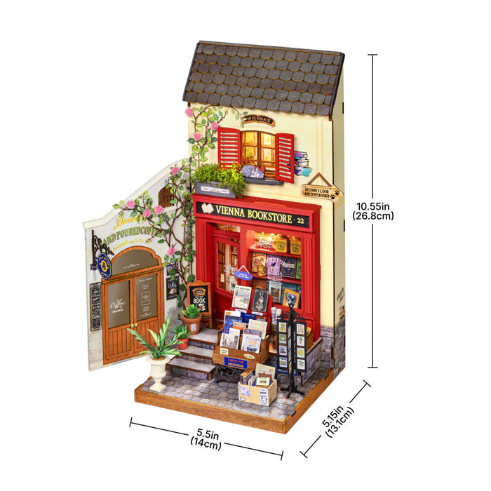Rolife Vienna Bookstore Miniature House DG183 DIY miniature house kit, side view highlighting structure and scale