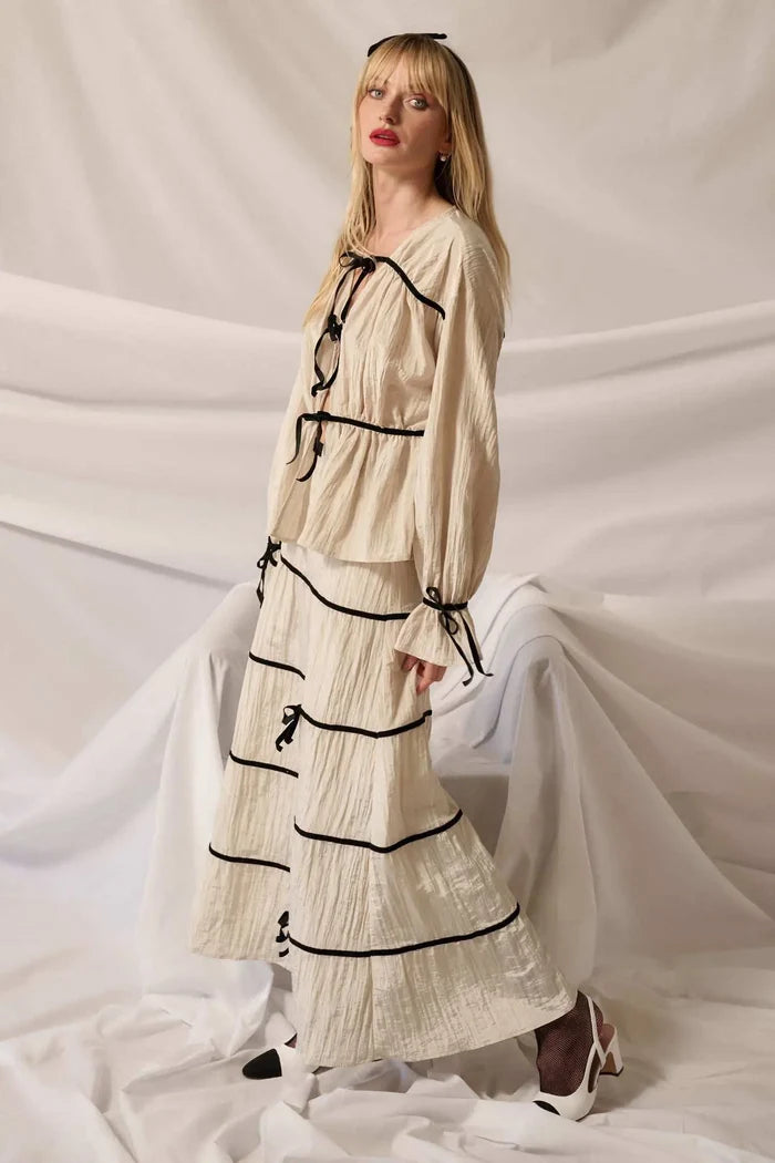 Romantic Dream Velvet-Trim Satin Tiered Maxi Skirt - ShopPromesa