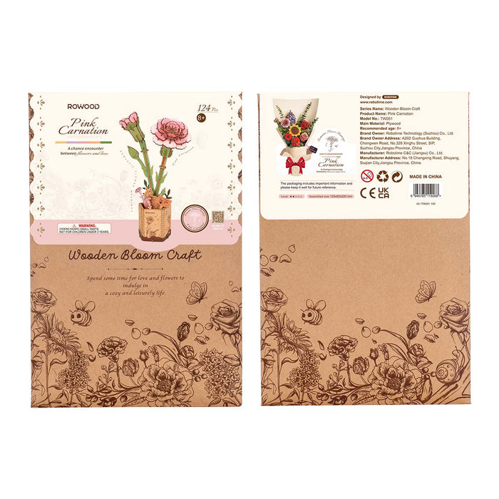 Rowood Pink Carnation DIY Wooden Flower 3D Puzzle TW051, 3D wooden DIY flower puzzle, styled photo