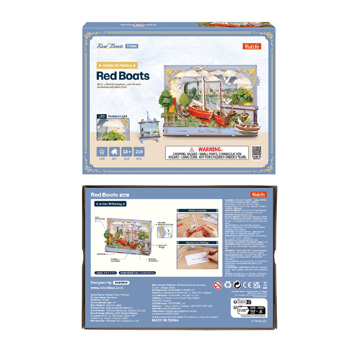 Rolife Red Boats retail packaging box showing front cover illustration and back product specifications panel