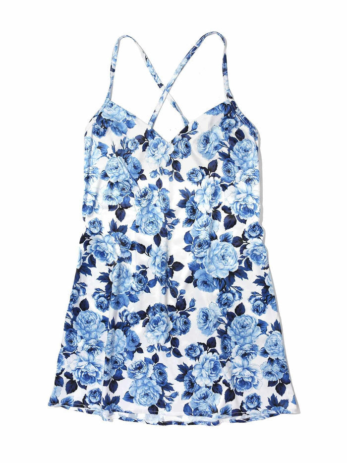 Deja Blue Floral Satin Sleep Chemise Flat Lay, Cross-Back Straps & V-Neckline, Blue Rose Print | Hanky Panky