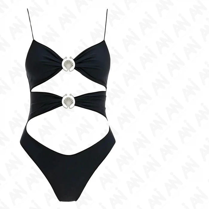 Ani Accessories Scalloped Shell Metal Buckle on the black bikini suit in the white background.