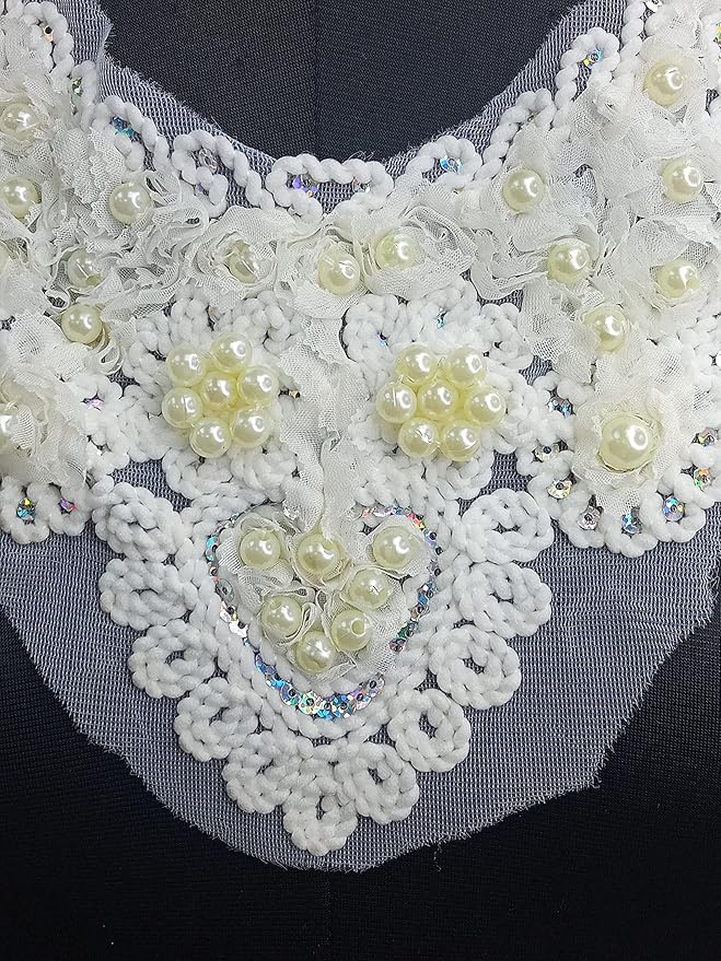 Ani Accessories macro closeup of sequins pearl round neckline emphasizing intricate craftsmanship