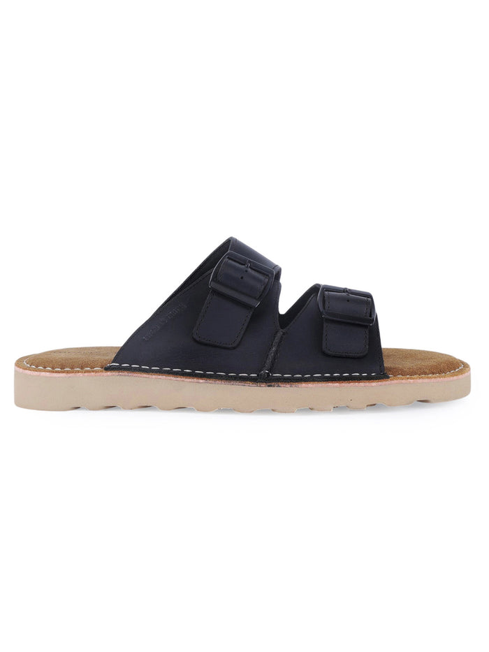 Solace Black Double Buckle Sandals | Premium Casual Slippers with Suede-Textured Footbed |TC-2760BL