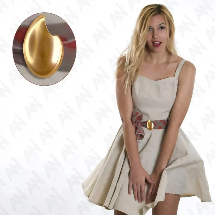 Ani Accessories Solstice gold Petal Buckle in the belt of the frock dress in the white background.