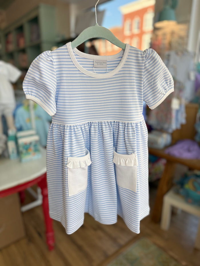 Squiggles - Pocket Dress - Blue Stripe with White Pocket