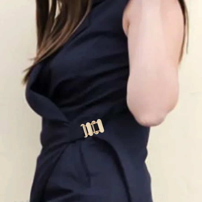 Ani Accessories Gold-Plated Geometric Ladder Buckle as used aa belt of the dress in the white background.