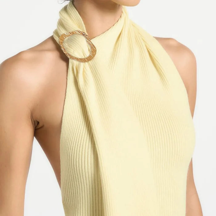 Ani Accessories Textured Oval Buckle on model butter yellow dress in a white background.