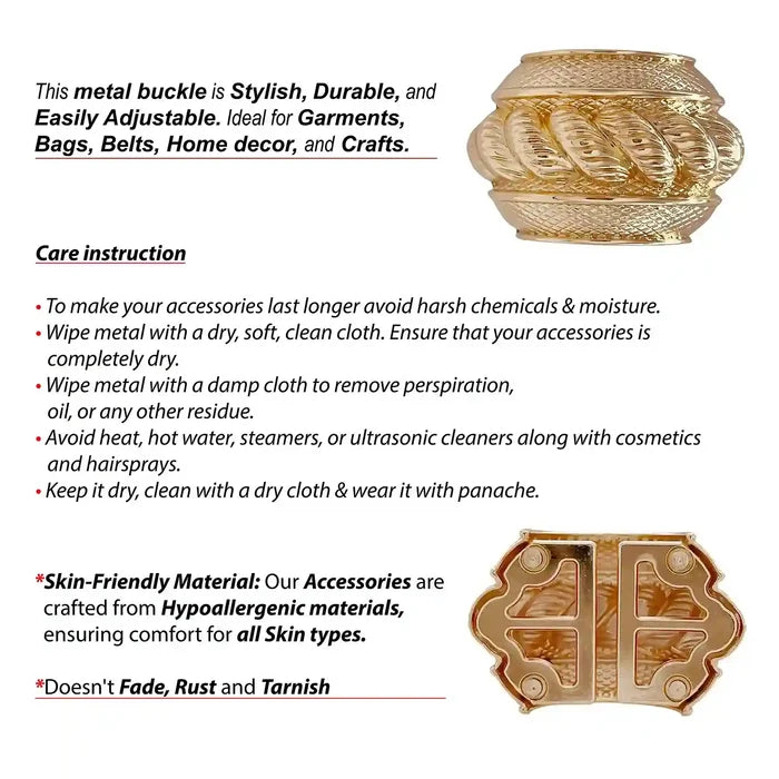 Ani Accessories Vintage Gold Rope Barrel Buckle front and backside of the buckle with care instruction infographic in the white background.