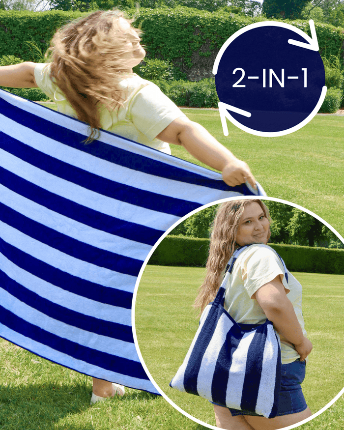 2-in-1 Beach Towel Bag - Navy and White Stripe
