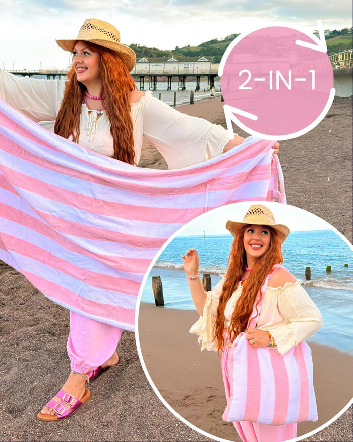 2-in-1 Beach Towel Bag - Pink and White Stripe