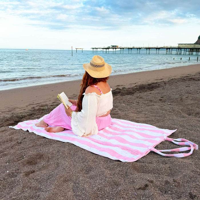 2-in-1 Beach Towel Bag - Pink and White Stripe