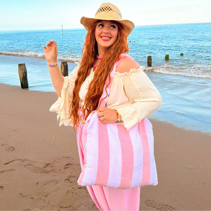 2-in-1 Beach Towel Bag - Pink and White Stripe