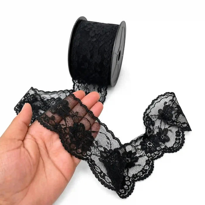 2.1 inch | Black Scalloped Floral Lace | 5 Meters | SKU-B4