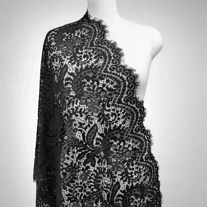 28 inch black floral scallop French fabric 3 meter panel by Ani Accessories for dresses and couture use