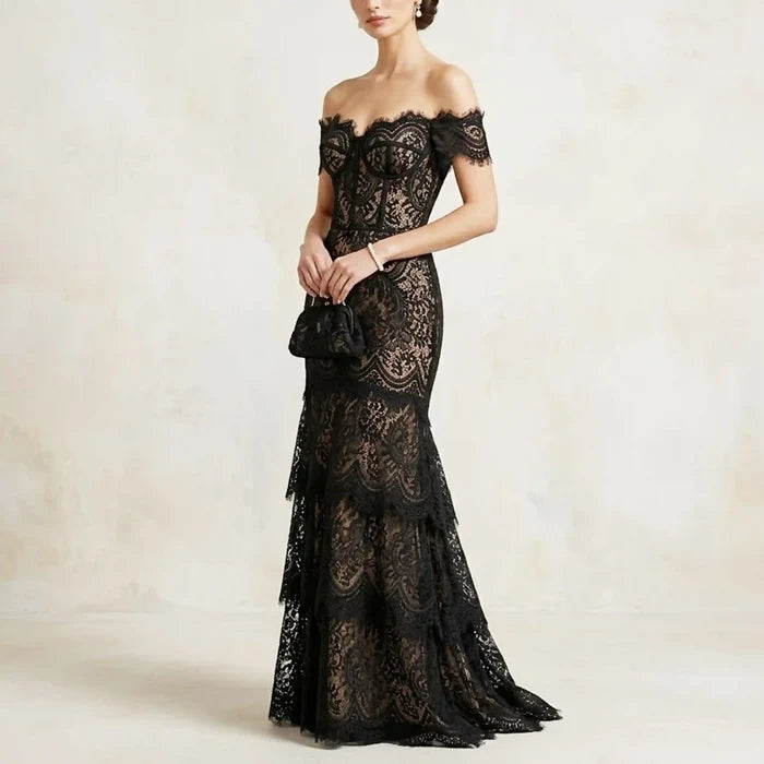 Ani Accessories black floral scalloped French fabric 28 inch 3 meter panel for gowns and fashion wear