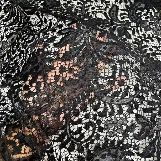 Black floral scallop French fabric 28 inch width 3 meter panel by Ani Accessories for designer outfits
