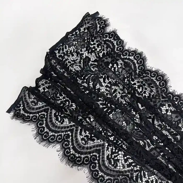 Black scalloped floral French fabric 28 inch width 3 meter panel by Ani Accessories for fashion design